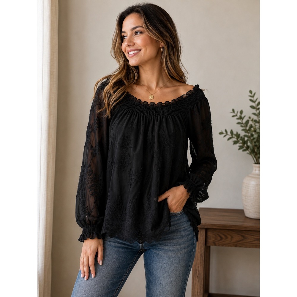 Tribal Black Off The Shoulder Embroidered Blouse Smocked Ruffle Top 1238O-262 S